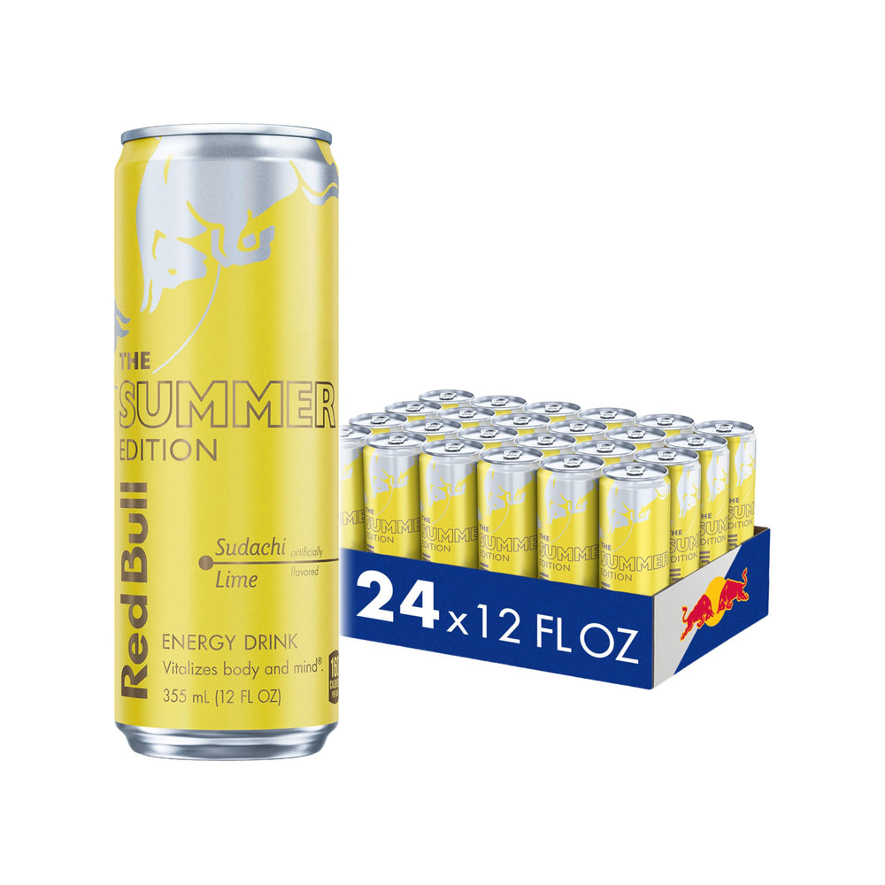 Red Bull can front view showing Summer Edition White Peach and brand refresh benefit