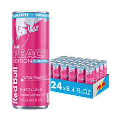 Red Bull White Peach front can showing peach edition and sugarfree benefit