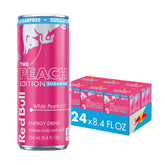 Red Bull White Peach front can showing label and peach flavor benefit