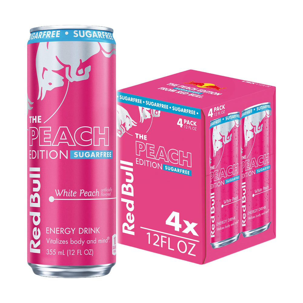 Red Bull can front showing White Peach flavor and clean citrus benefit