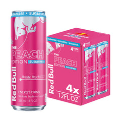 Red Bull can front showing White Peach flavor and clean citrus benefit