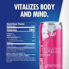 Red Bull White Peach side label detail showing ingredients and vitamin information