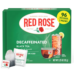 Red Rose decaffeinated box front showing brand and 48 bags benefit freshness