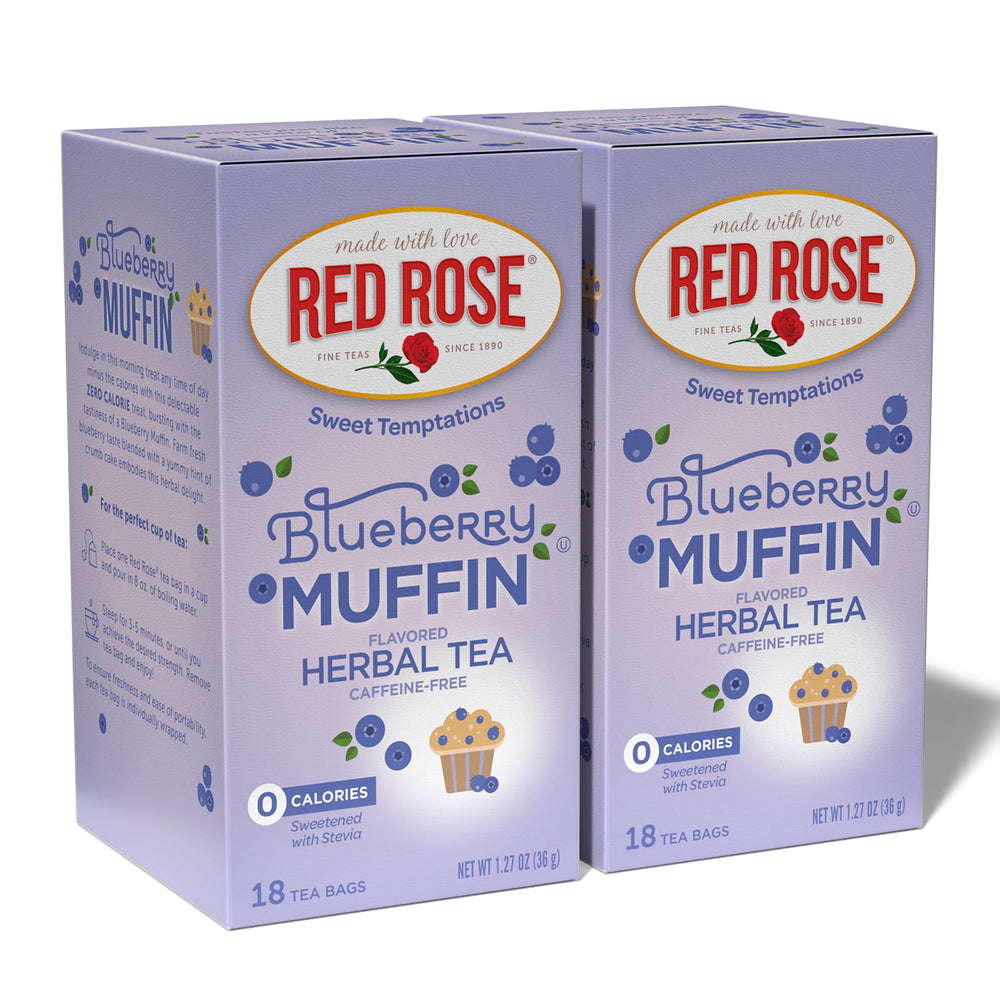 Red Rose front packaging showing two-box 36-bag value and blueberry muffin appeal