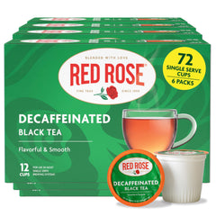 Red Rose front packaging showing brand and decaf black tea, convenient supply