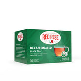 Red Rose box front showing brand and decaf label, delivers consistent flavor