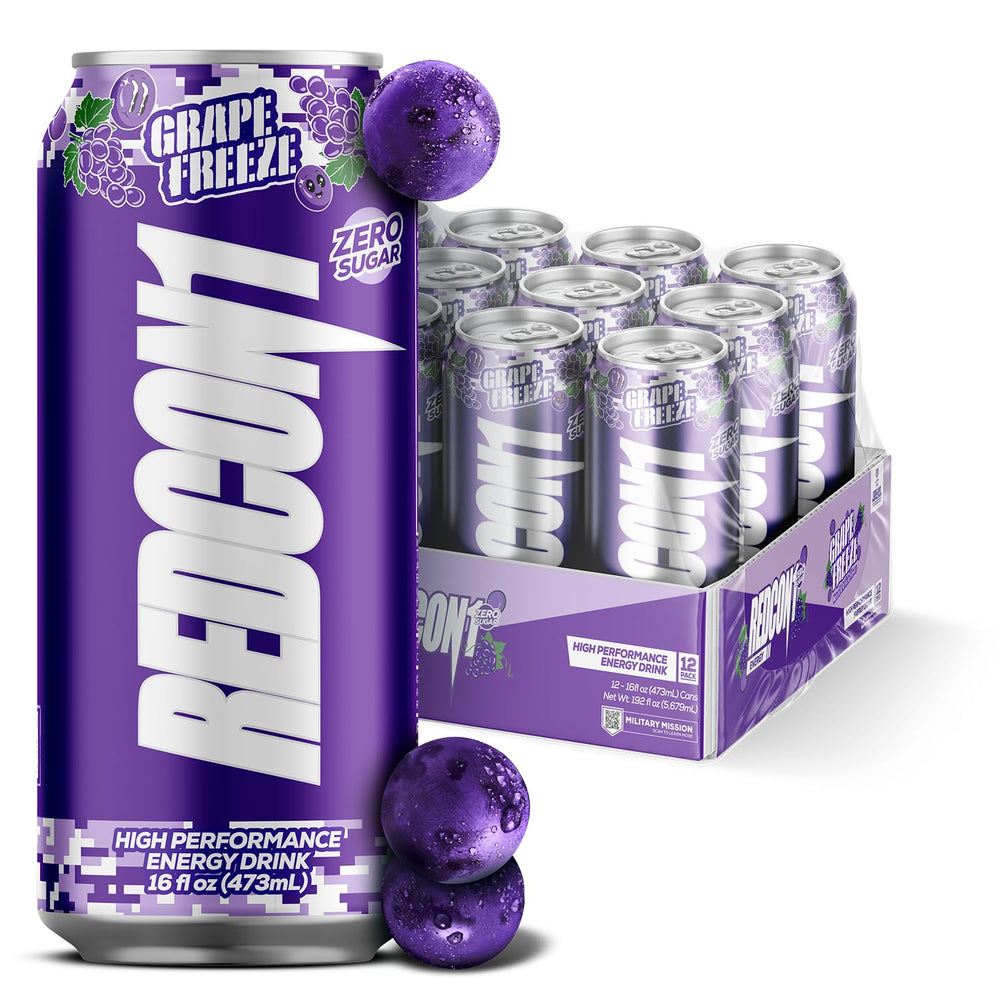 REDCON1 front packaging of Grape Freeze can showing bold logo and flavor