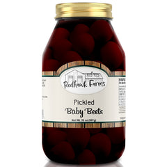Redhawk Farms jar front view showing whole pickled baby beets and jar label benefit convenience