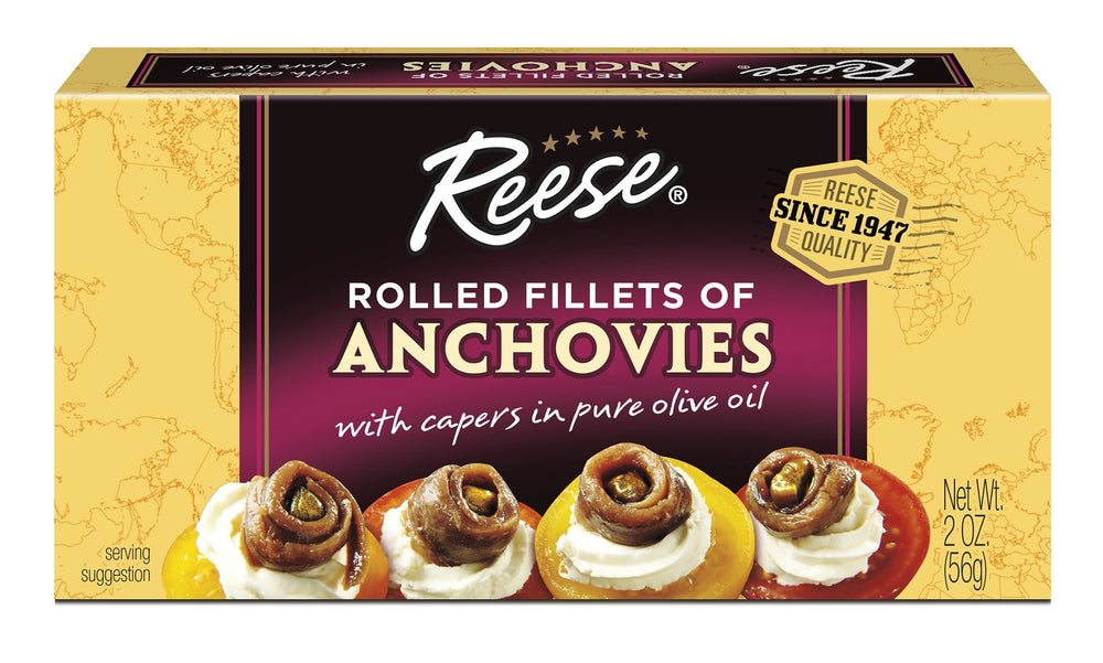Reese front tin view showing label and 2oz anchovy packaging for convenient flavor