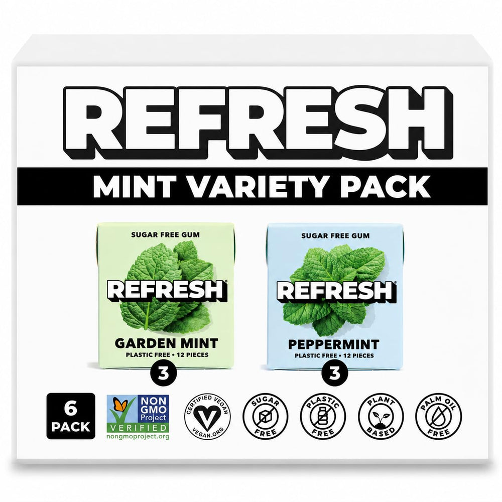 Refresh Gum front packaging showing six-pack variety and clean labeling benefit