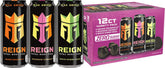 REIGN variety pack front packaging showing three flavor cans and easy identification benefit