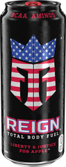 REIGN close-up of can texture and label highlighting ingredients and zero sugar benefits