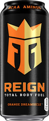 Reign angled can label with ingredient highlights for performance benefits