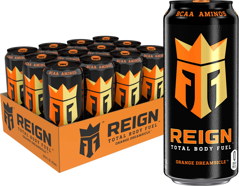 Reign front can showing orange dreamsicle flavor and bold branding for energy