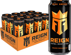 Reign front can showing orange dreamsicle flavor and bold branding for energy