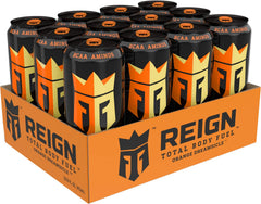 Reign open can being poured to show vibrant orange-vanilla drink for refreshment