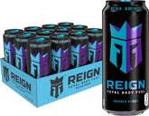 Reign Razzle Berry front can showing label and flavor, highlights workout-ready formula
