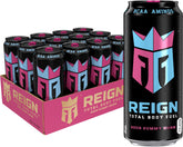 REIGN can front packaging showing sour gummy worm flavor and serving suggestion benefit