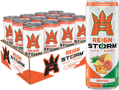 REIGN Storm Tropical front can showing vibrant label and bold flavor appeal