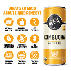 Remedy close-up of can label highlighting organic ingredients and sugar-free benefit