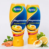 Remia front packaging showing twin squeeze bottles and Dutch heritage benefit