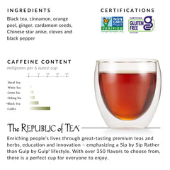 Spread of chai spices with The Republic of Tea label: cinnamon, cardamom, ginger, cloves for flavor clarity