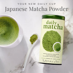 Close-up of vibrant green matcha powder by The Republic of Tea with fine texture benefit