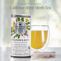 Close-up of The Republic of Tea dandelion tea bag displaying texture and convenience