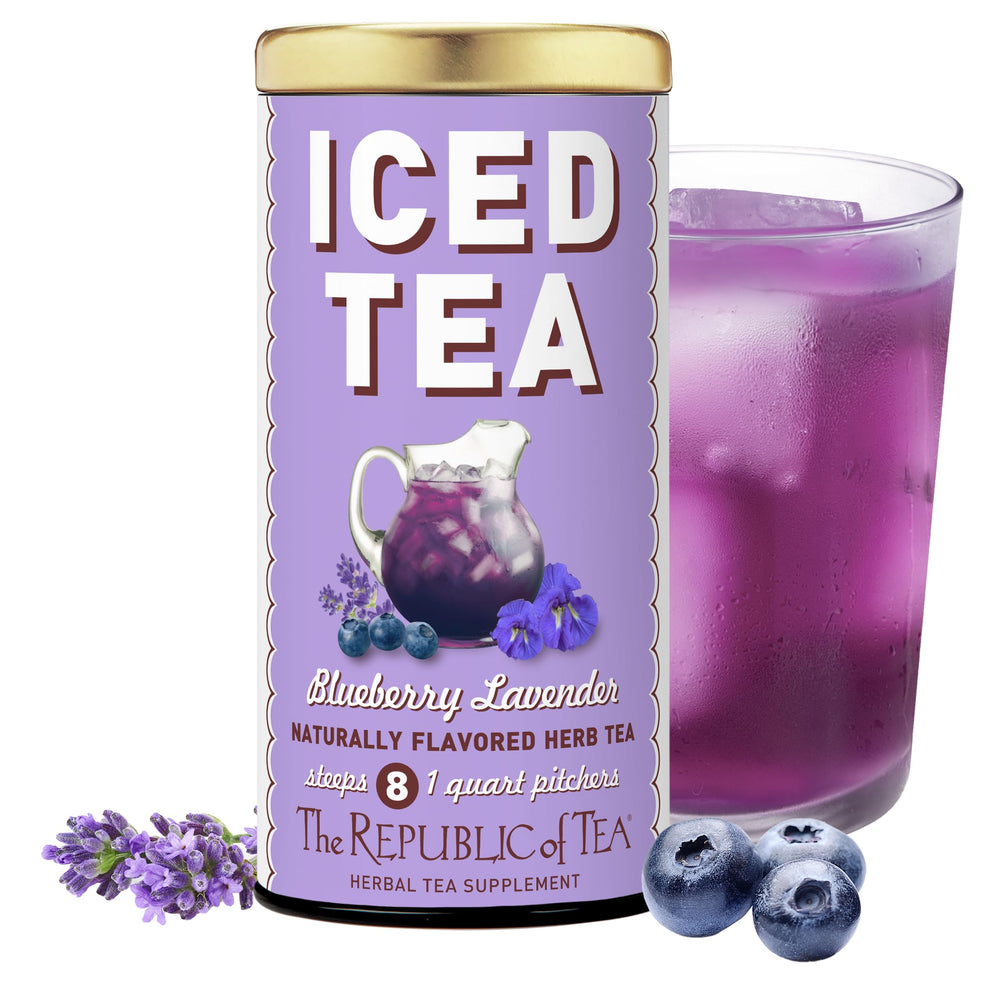 The Republic of Tea front packaging showing beauty blueberry lavender and benefits of pitcher brewing