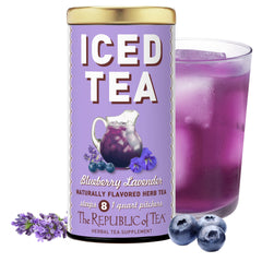 The Republic of Tea front packaging showing beauty blueberry lavender and benefits of pitcher brewing