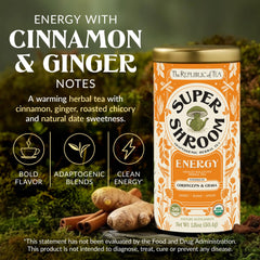 Arrangement of organic cordyceps, chaga, cinnamon and roasted chicory highlighting The Republic of Tea ingredients
