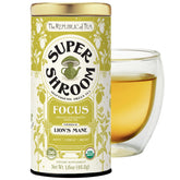 The Republic of Tea tin front showing SuperShroom Focus label and reusable container benefit