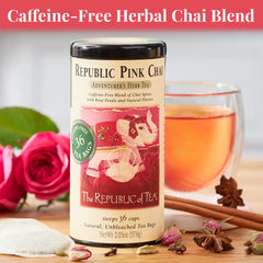 Close-up of a Republic of Tea pink chai tea bag showing tag and convenient use