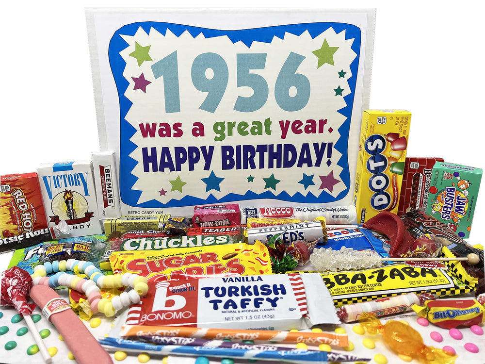 Retro Candy YUM front packaging showing 1956 birthday message and bright vintage design, perfect for gifting