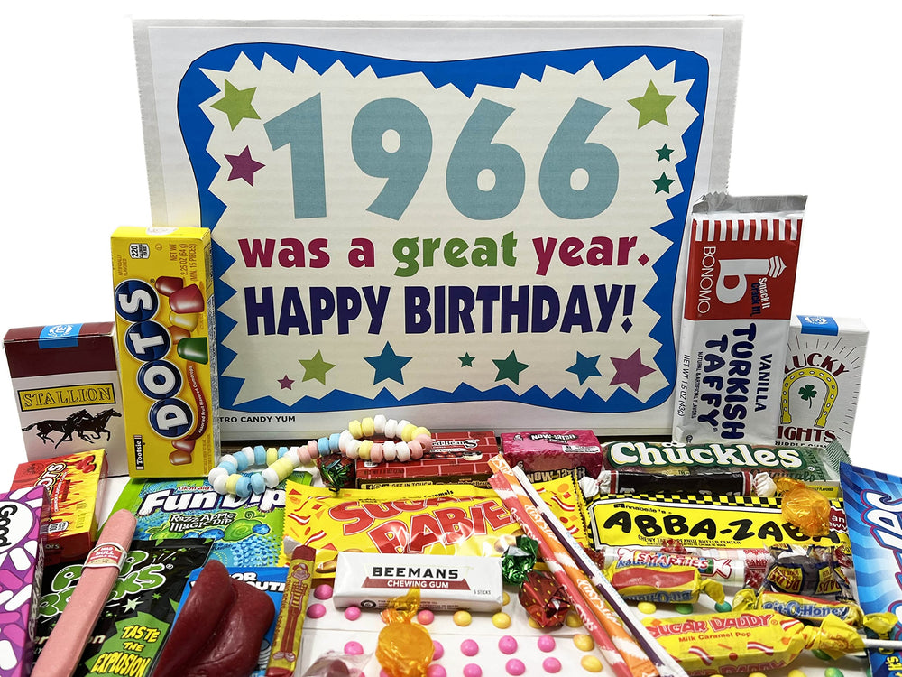 RETRO CANDY YUM front packaging showing nostalgic 1966 gift box and neat shrink wrap