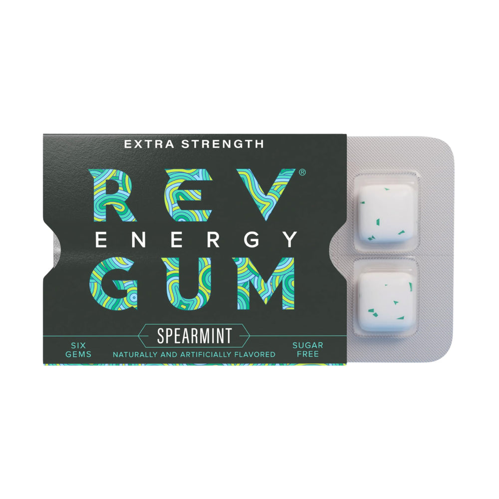 REV front packaging showing 12-pack carton and spearmint gum benefit portability