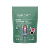 Revolution Earl Grey Lavender front packaging showing 50 biodegradable infuser bags and brand clarity