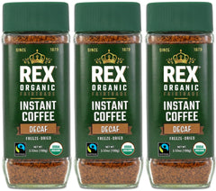 Rex Coffee front packaging showing three glass jars and brand trust