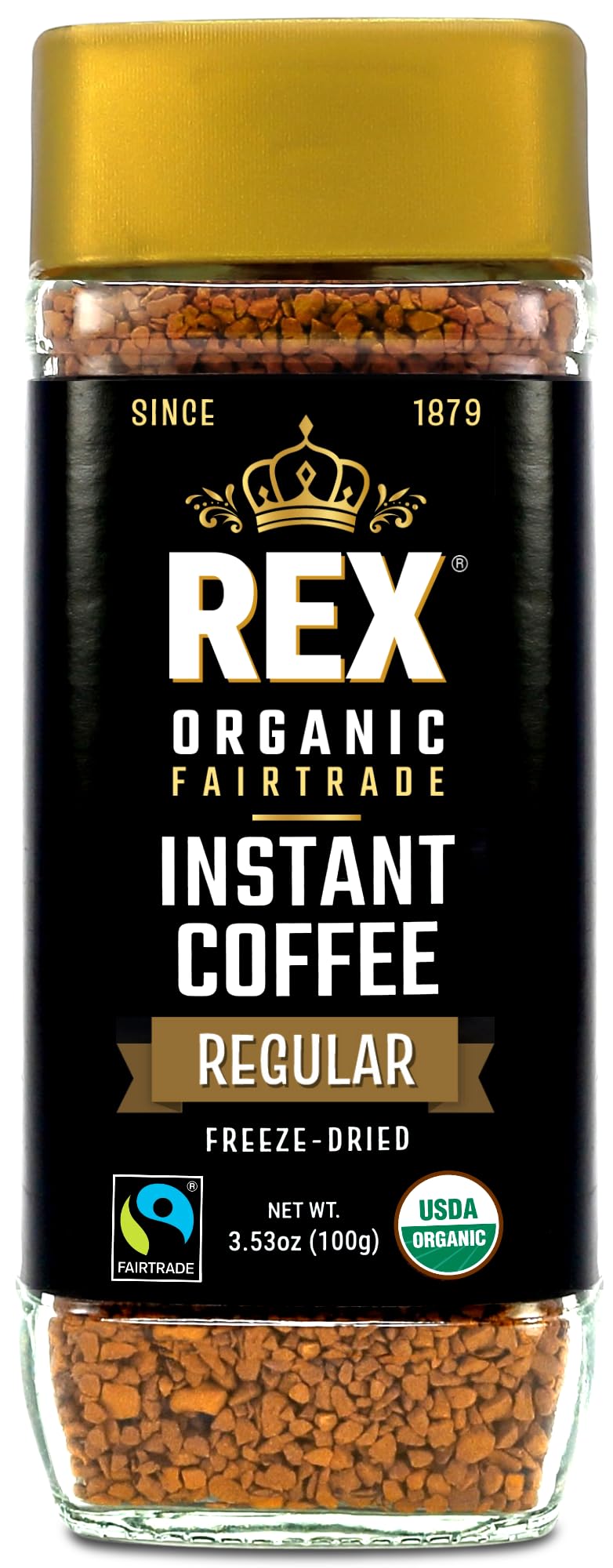 REX COFFEE glass jar front view showing label and recyclable design benefit