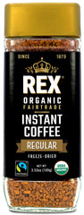 REX COFFEE glass jar front view showing label and recyclable design benefit