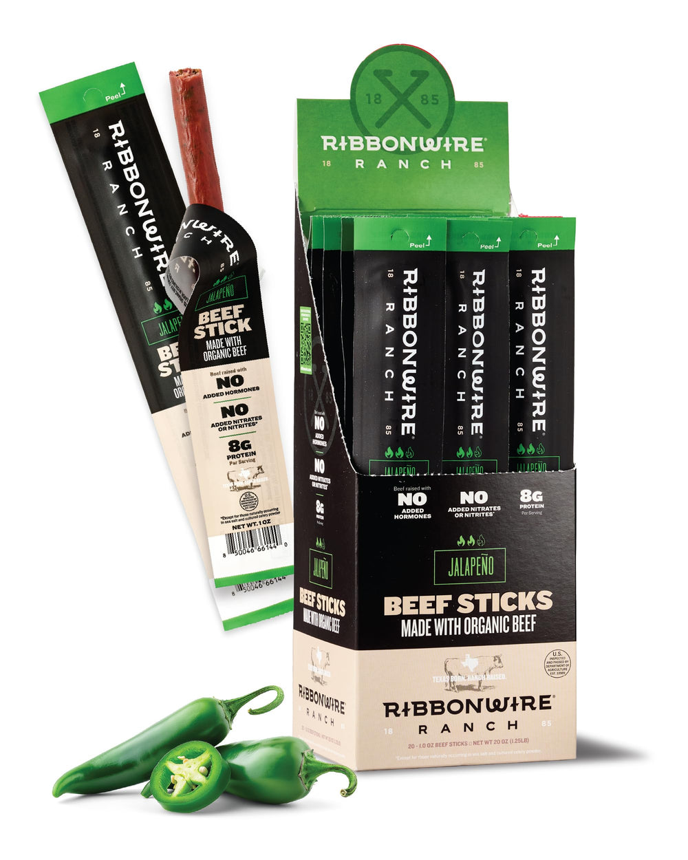 Ribbonwire Ranch front packaging showing jalapeño 20-pack, convenient portable snack