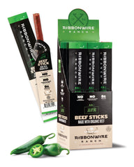 Ribbonwire Ranch front packaging showing jalapeño 20-pack, convenient portable snack