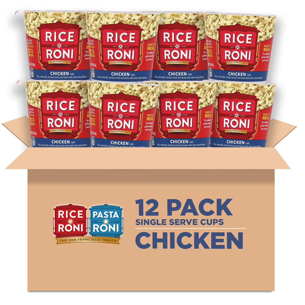 Rice-A-Roni front packaging showing chicken flavor and 12-cup pack convenience