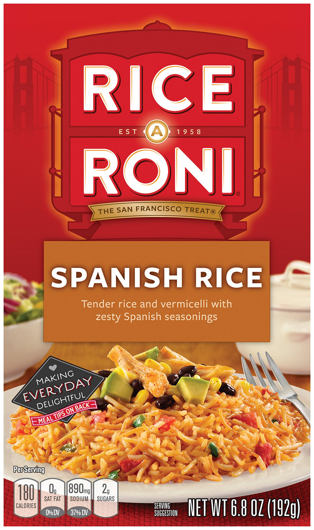 Rice-A-Roni front box showing Spanish Rice seasoning and quick-cook benefit