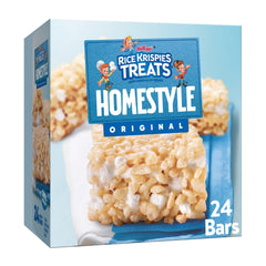 Rice Krispies Treats front of box showing 24 homestyle bars and branding benefit pantry-ready