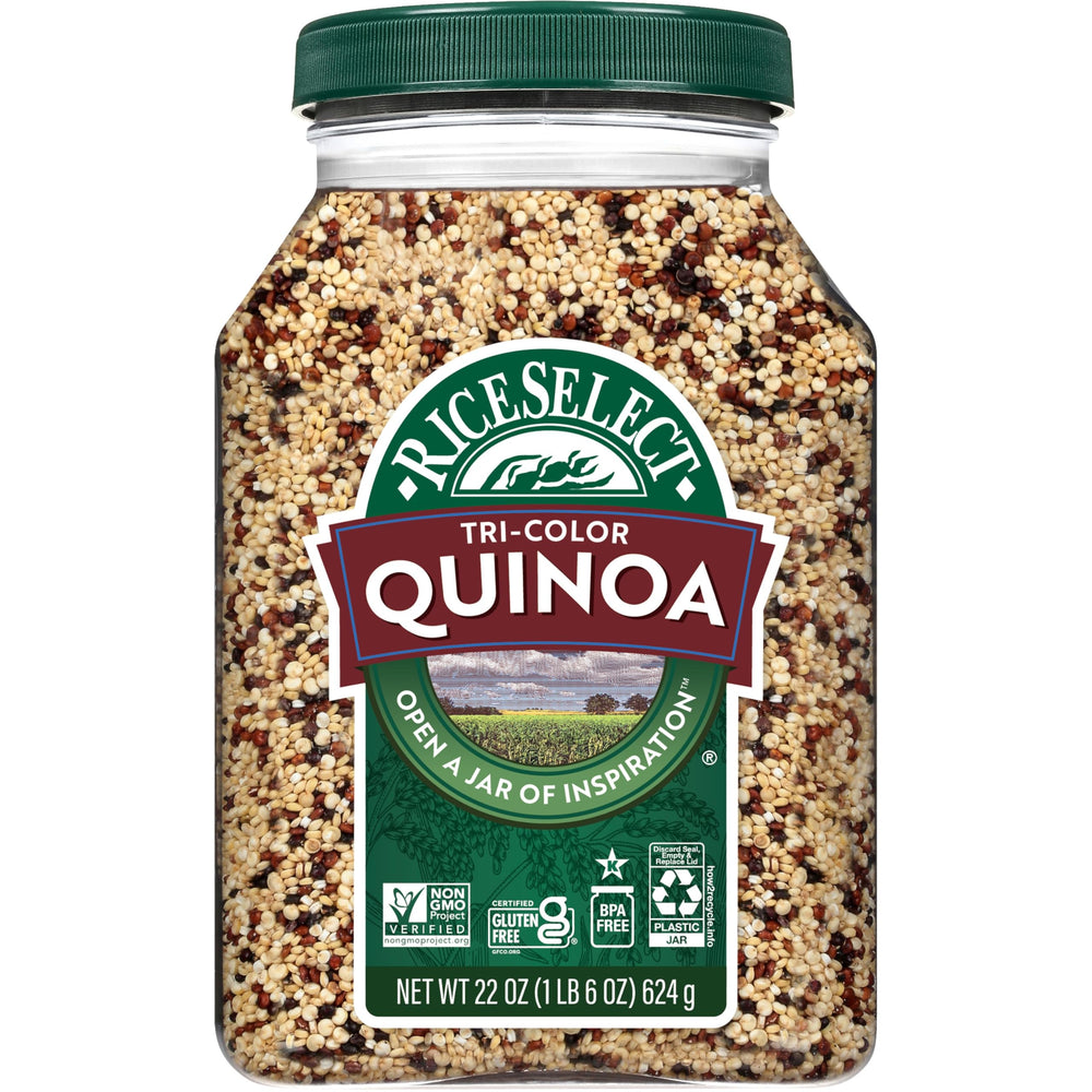 RiceSelect jar front view showing tri-color quinoa and clear storage benefits