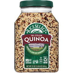 RiceSelect jar front view showing tri-color quinoa and clear storage benefits