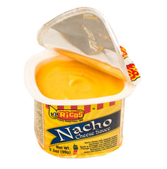 Rico's open cup of nacho cheese beside chips, ready-to-serve melted topping