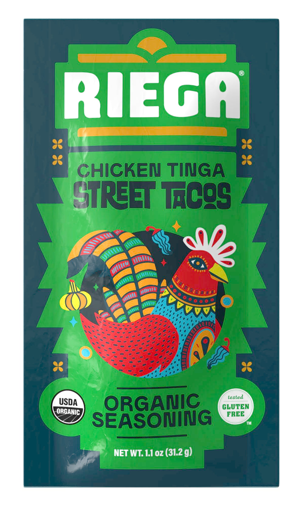 Riega front packaging showing eight 1.1 oz organic taco seasoning packets for convenience