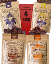 Righteous Felon front packaging showing four spicy jerky flavors and convenience